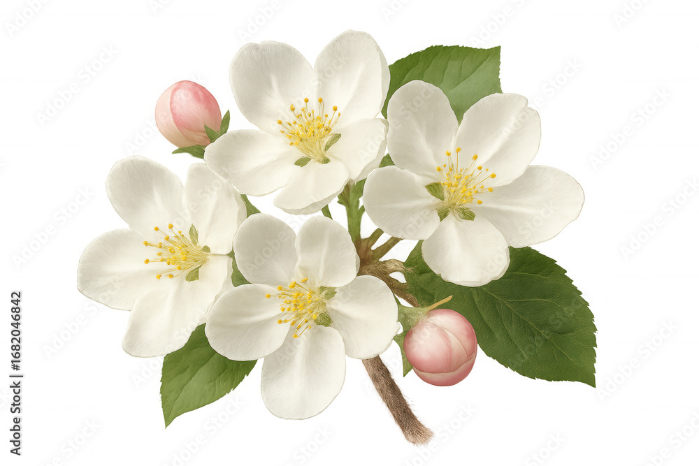 Obraz premium Close-up of apple blossoms showing delicate white petals, yellow stamens, and emerging pink buds, isolated on a transparent background