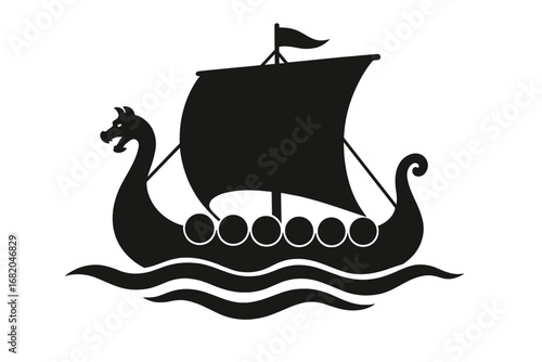 Silhouette of an ancient Viking ship, complete with sail and dragon head, gliding across ocean waves