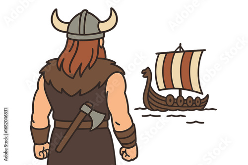 From the rear, a Viking warrior observes a drakkar ship departing or arriving
