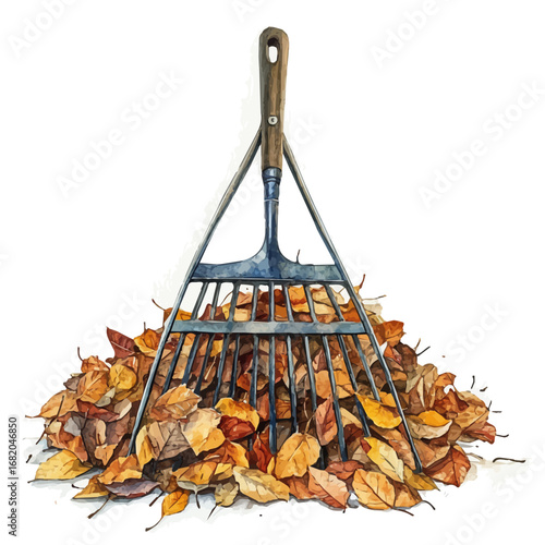watercolor of Rake With Leaves, vector, isolated on a white background.