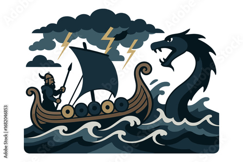 A Viking longship cuts through a tempestuous sea, confronting a sea serpent as lightning flashes overhead, evoking adventure and peril