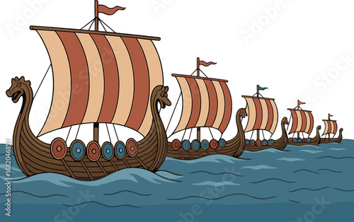 A formidable Viking fleet of longships sails across the open sea
