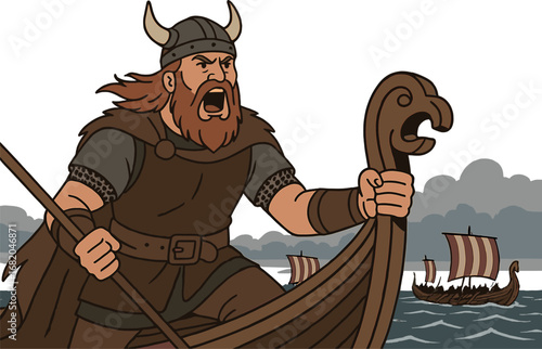 A fierce bearded Viking sails aboard a ship, shouting angrily from the bow as a medieval Scandinavian warrior prepares for a sea battle, while a historical depiction shows a furious northern army on