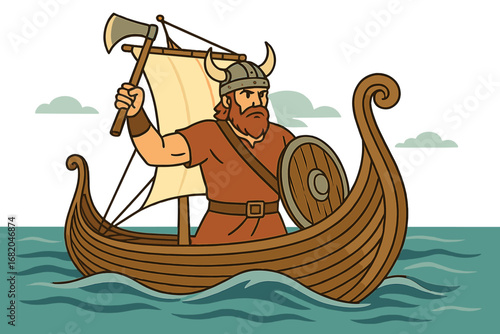 A Norse raider, armed with axe and shield, sails a wooden longship across the sea beneath a clear sky