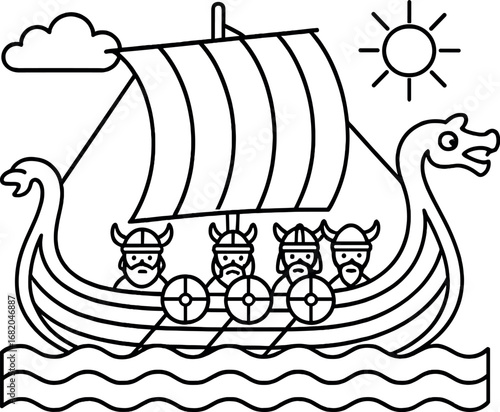 Kids' Viking Sailing Coloring Page – Line Art Illustration of a Historic Norse Ship