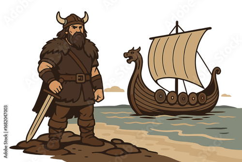 A Viking warrior with a sword stands beside a drakkar on the seashore