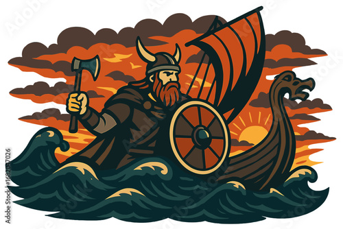 A Viking warrior, armed with shield and axe, sails a longship through stormy seas during a dramatic Norse sunset