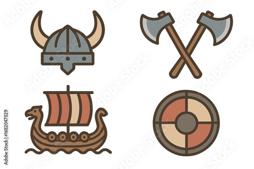 Viking Age icon line art graphics collection: helmets, axes, ships, and shields