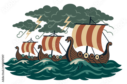 Viking ships battling the storm, wooden Viking vessels setting out to conquer,