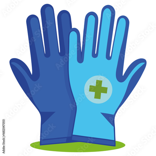 Blue Medical Gloves Icon with Green Cross Symbol on White Background.