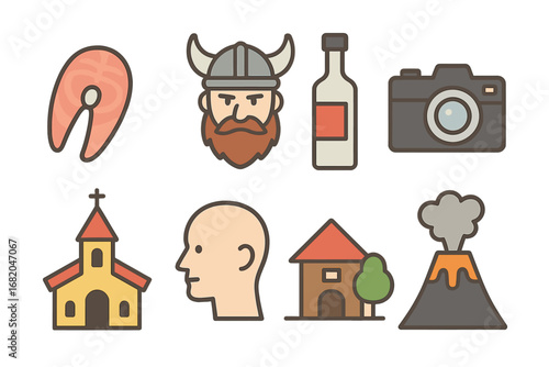 Vector set includes fish steak, a Viking in a horned helmet, a bottle of vodka, a photo camera, a church building, a head, a farmhouse, and a volcano icon
