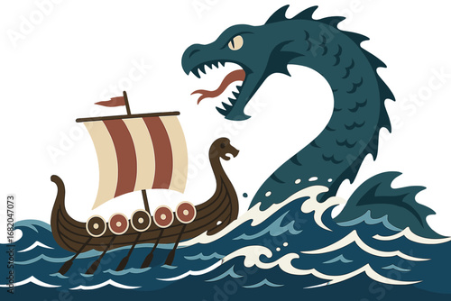 A Viking longship confronts a massive, fearsome sea serpent in swirling waters, forging a striking tableau of ancient nautical lore