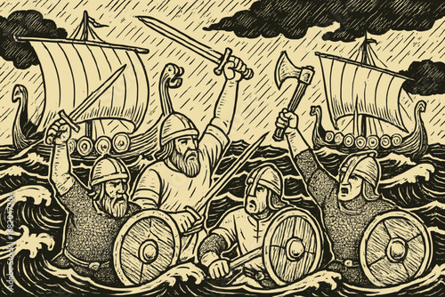 An illustration in historical line art showing a Viking battle on a stormy sea, featuring fierce warriors and drakkar ships