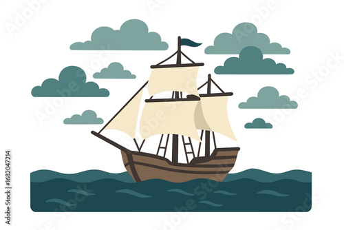 A ship sailing in the middle of the sea on a cloudy day