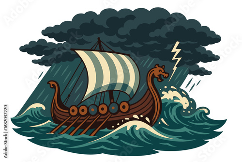 Viking longboats clash with fierce stormy seas beneath ominous dark clouds in a dramatic maritime adventure