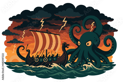 A Viking longship clashes with a massive octopus amid a dramatic storm at sunset over the sea