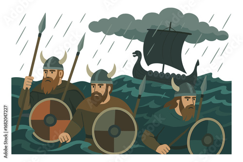 Bold Viking fighters armed with shields and spears steer through a tempestuous sea while a classic longship sails behind them