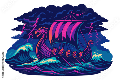 A fierce Viking longship confronts stormy seas in vivid synthwave style