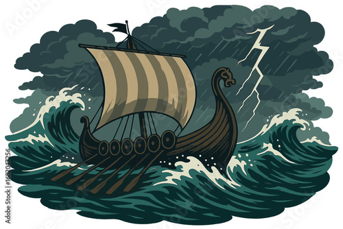 A Viking longship confronts turbulent seas in a vivid, high-definition backdrop