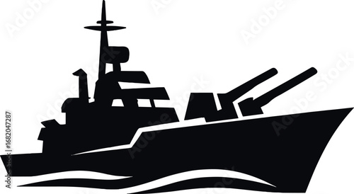 A warship logo concept featuring a black silhouette of an ocean liner armed with heavy weapons, illustrated for a poster template or product brand