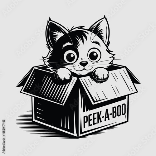 Black and white cartoon cat in a box. Suitable for cat lover designs, pet products, childrens illustrations, and social media posts.