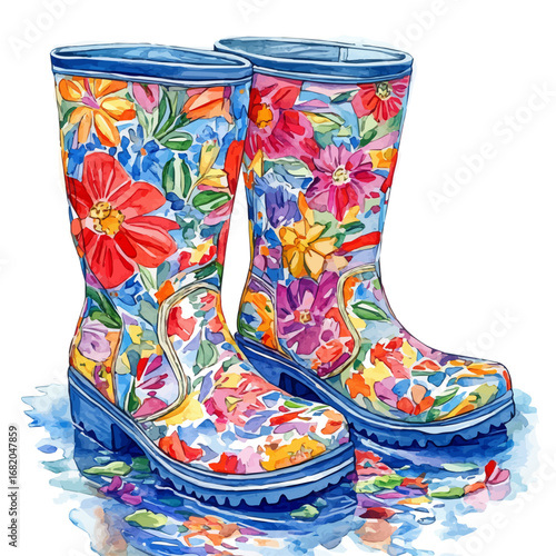 watercolor of Rain Boots Spring Puddles, vector, isolated on a white background.