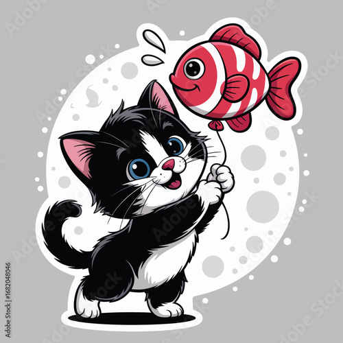 Kitten with red fish balloon in black and white. Perfect for pet products, childrens illustrations, or animalthemed designs.