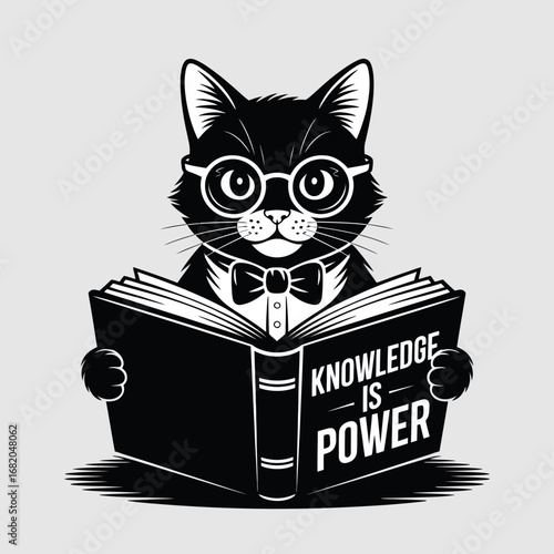 Cat with glasses and a bow tie holds a book with knowledge is power text. Ideal for education designs.