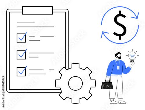 Businessman holding a glowing light bulb, large checklist with marked tasks, gear, and dollar currency cycle. Ideal for innovation, strategy, productivity, solutions, investment efficiency