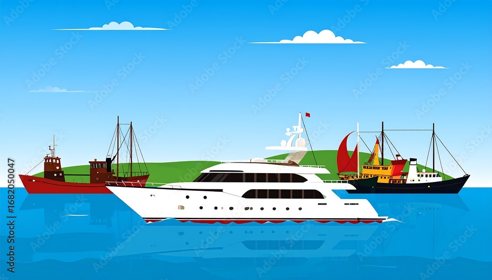 Naklejka premium Ocean scene with various boats