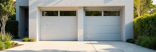 Modern double garage doors open to reveal a clean, spacious driveway, bathed in sunlight Ideal for home improvement, real estate, and architectural projects , contemporary, construction