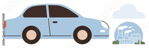 Blue car parked near factory with smoke stacks under a cloud, emphasizing air pollution, environmental harm. Ideal for sustainability, urban planning, ecology, emissions, transportation, energy