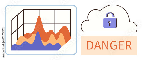 Analytics graph with fluctuating data lines next to cloud symbol featuring lock and Danger label. Ideal for cybersecurity, data risk, information safety, cloud threats, crime, system monitoring