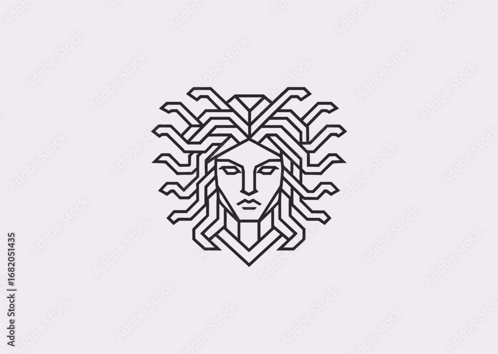 Fototapeta premium A geometric style line art Medusa logo, representing power, transformation, and the mystique of ancient legends