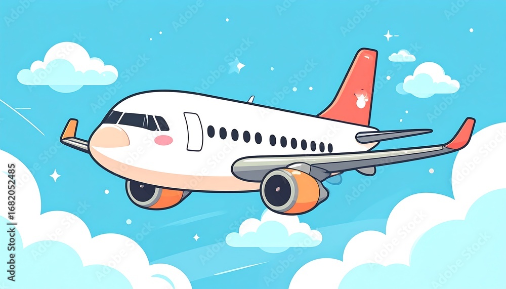 Naklejka premium A cheerful cartoon airplane soars through a light blue sky filled with fluffy clouds, showcasing a simple, delightful design.