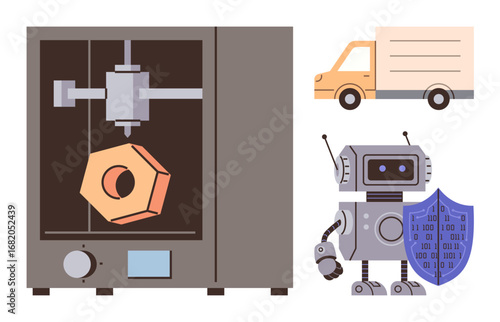 3D printer creating a tool, delivery truck symbolizing logistics, robotic figure holding shield of data protection. Ideal for technology, automation, robotics, logistics, manufacturing, innovation