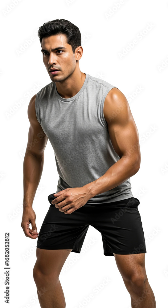 Fototapeta premium Athletic Man in Gray Tank Top and Black Shorts, Isolated on a Transparent Background, Ready for Action