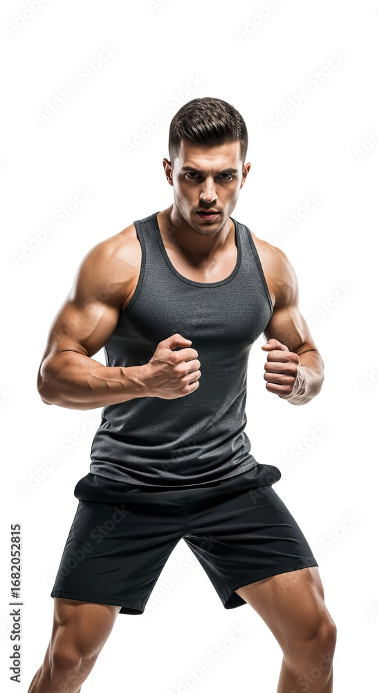 Fototapeta premium Powerful Man in Gym Gear Isolated on a Transparent Background Fitness, Strength, and Determination