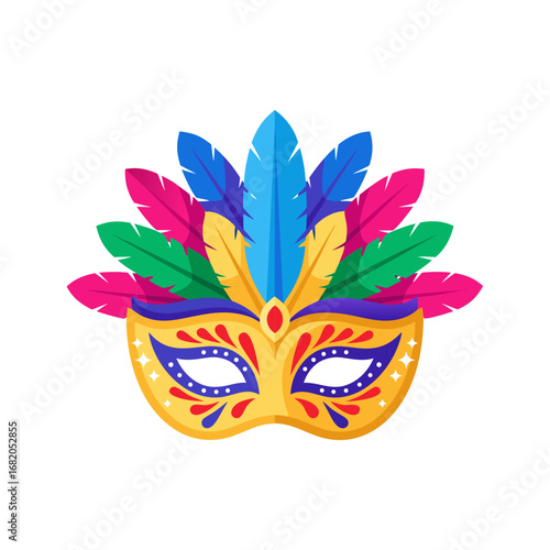 Carnival mask with colorful feathers and sparkling details