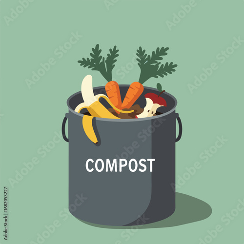 A compost bin overflows with food waste, including banana peels, carrot tops, and apple cores against a light green background in a vector-style illustration.