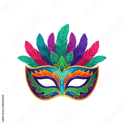 Carnival mask with green and purple feather headdress