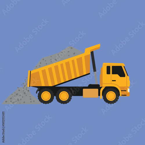 An illustration of a yellow dump truck tilted back and dumping gravel onto the ground against a light purple background.