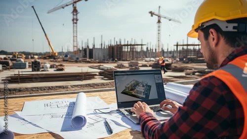 Construction worker using laptop outdoors