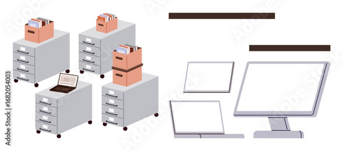 Filing cabinets with paperwork on top, laptops open on drawers, and desktop monitors in minimal layout. Ideal for workspace organization, productivity, documentation, office setup, teamwork, storage