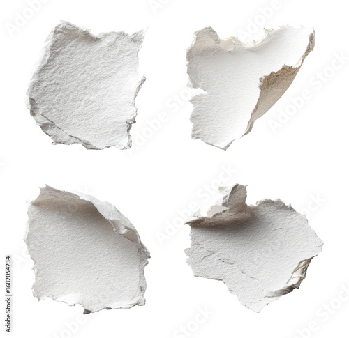 Four irregular, torn, white paper shapes