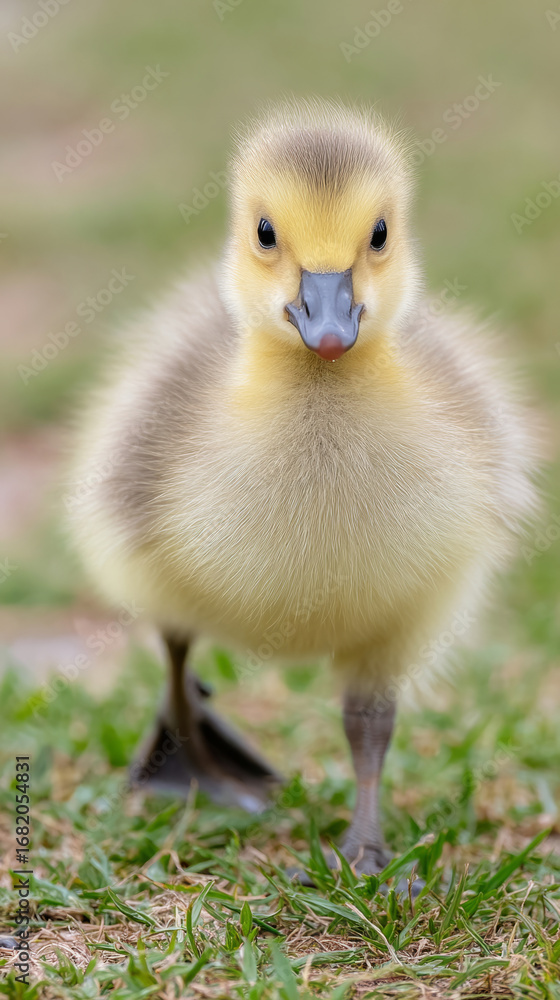 Obraz premium Adorable gosling wobbling on grass close up perfect for springtime themes