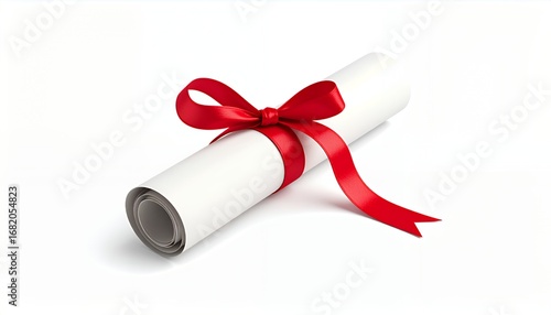 A rolled-up white diploma tied with a vibrant red ribbon, symbolizing achievement and success.