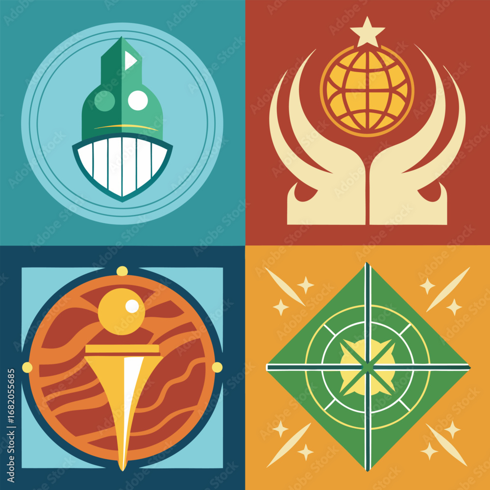 Fototapeta premium Four abstract geometric emblems in colorful squares