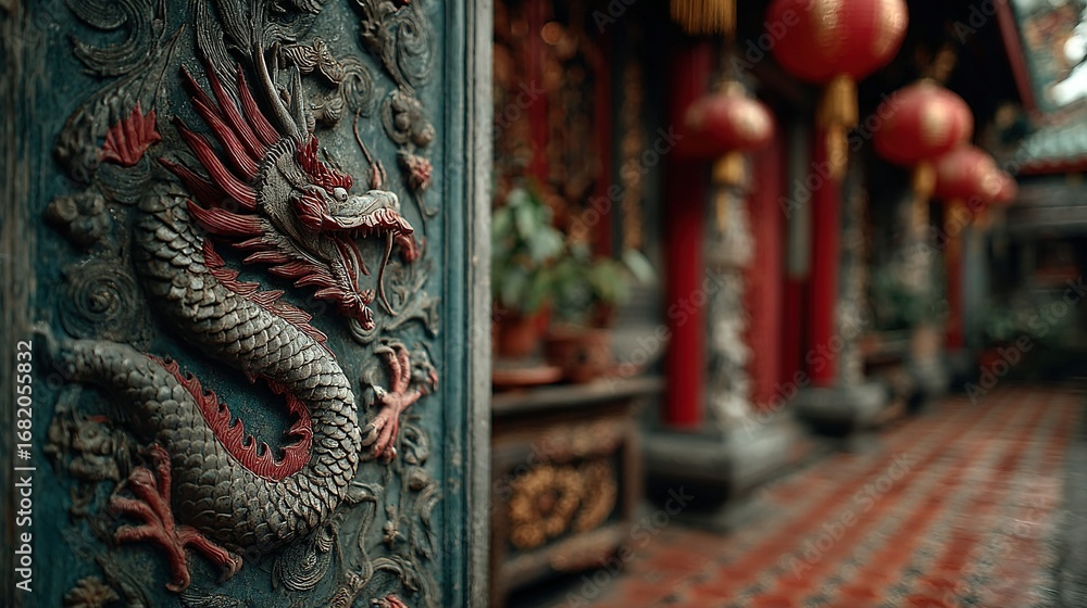Obraz premium Carved dragon adorns a temple wall with red lanterns in the background.