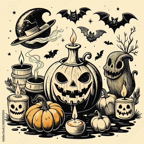 Halloween illustration with pumpkins bats and candles